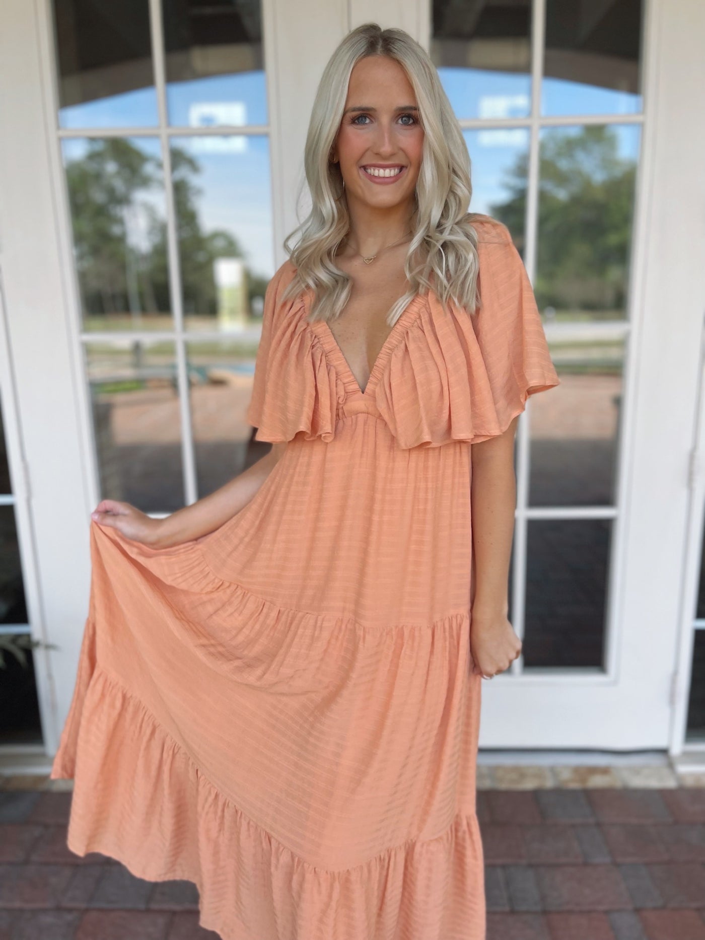 Ruffled Sleeve Maxi Dress - Apricot