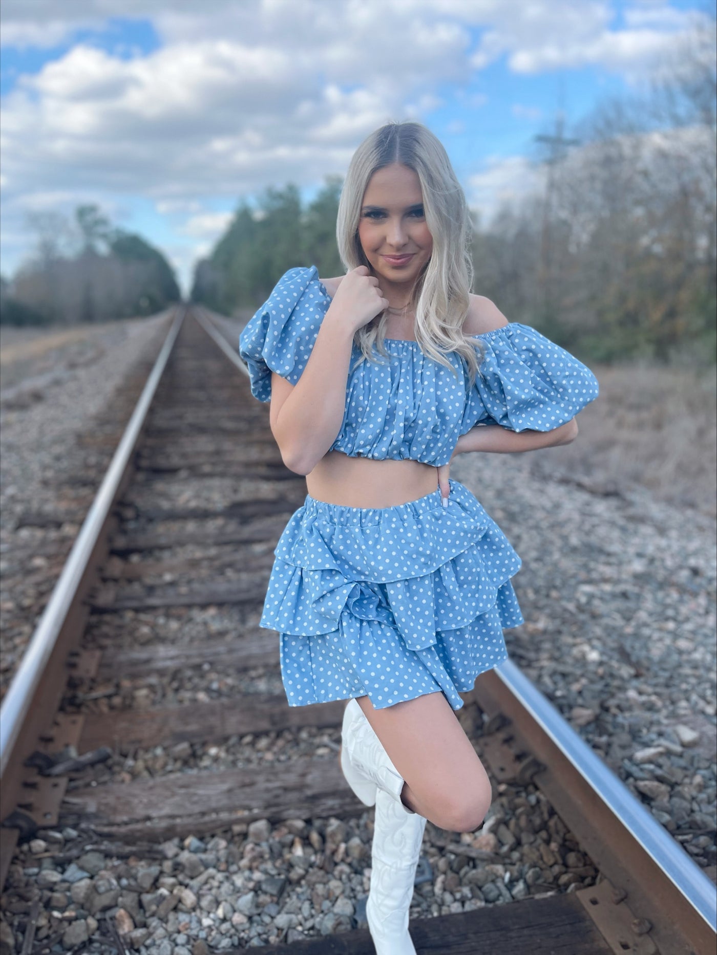 Denim Blue and White Polka Dot Skort