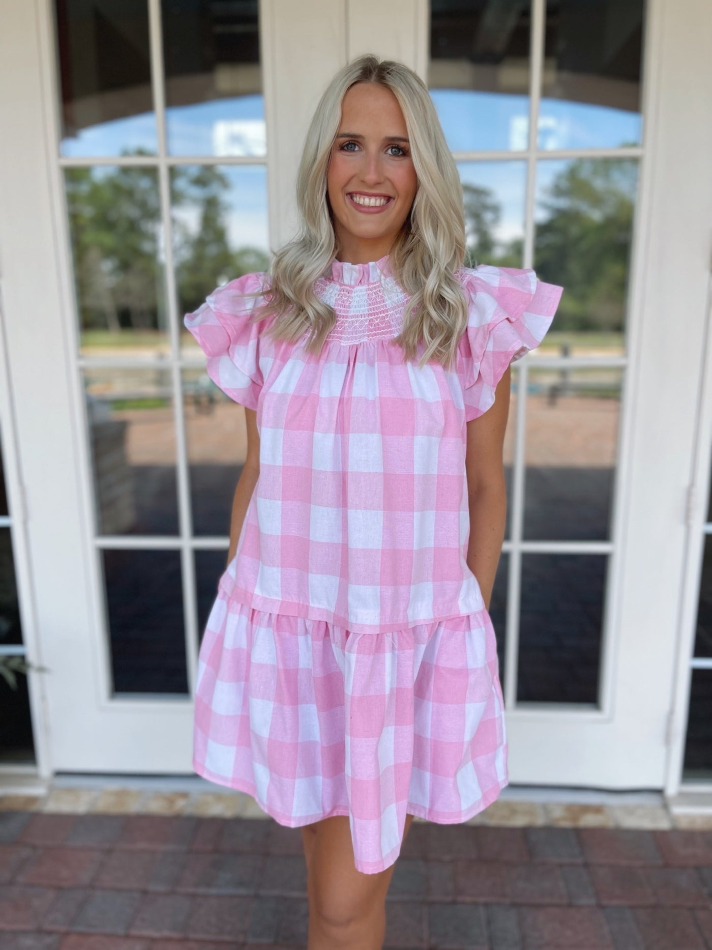 Gingham Ruffle Mini Dress - Pink