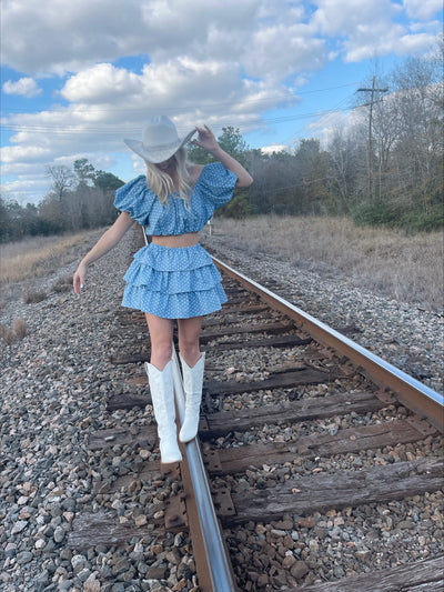 Denim Blue and White Polka Dot Skort