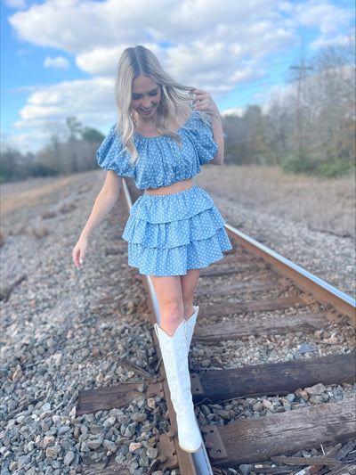 Denim Blue and White Polka Dot Skort