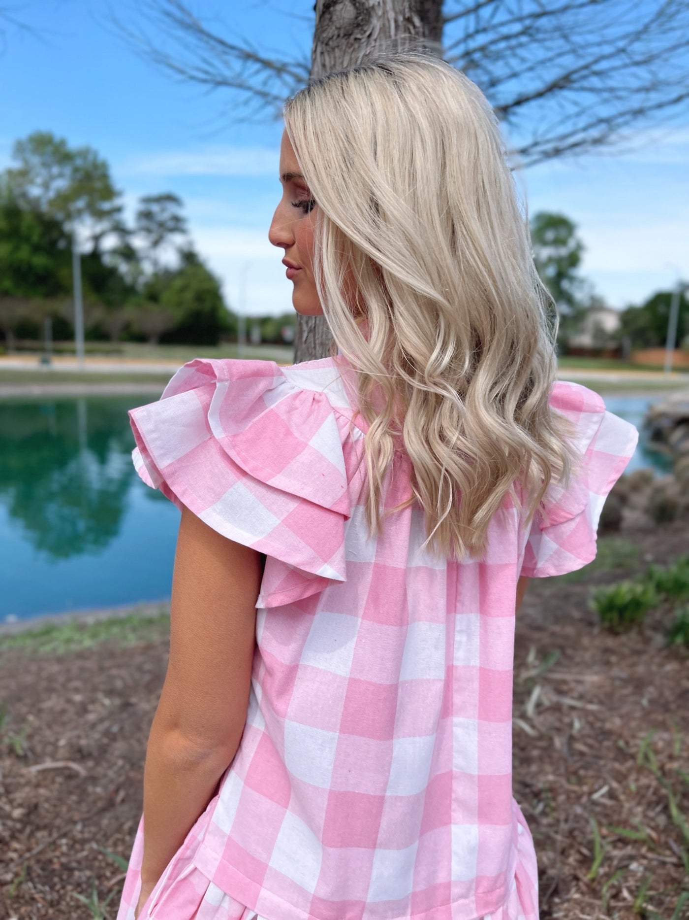 Gingham Ruffle Mini Dress - Pink