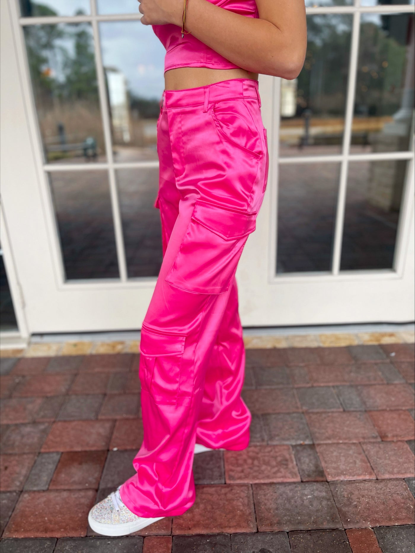 Hot Pink Satin Cargo Pants