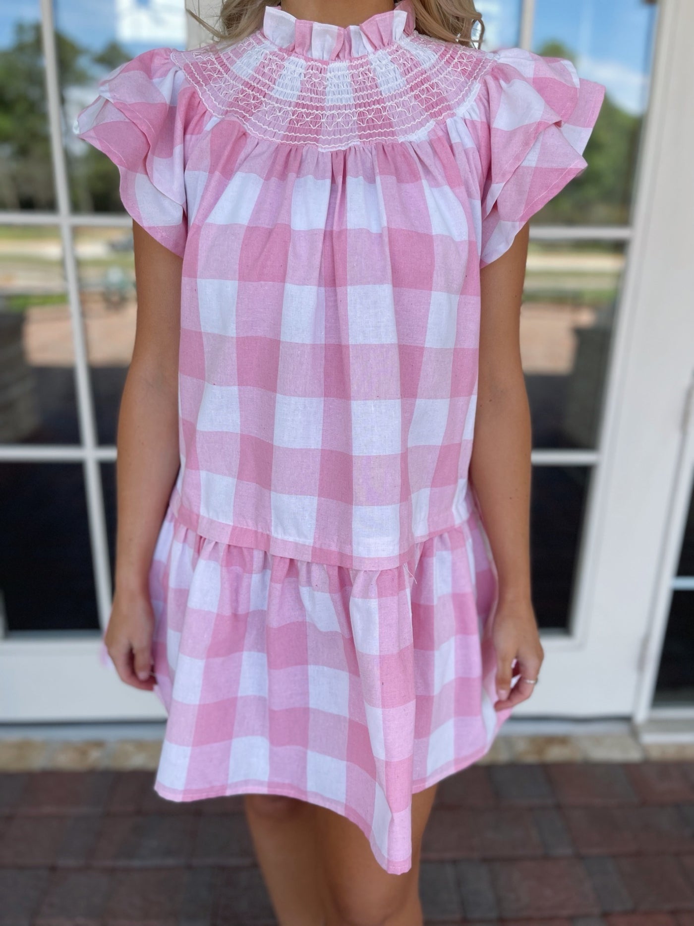 Gingham Ruffle Mini Dress - Pink