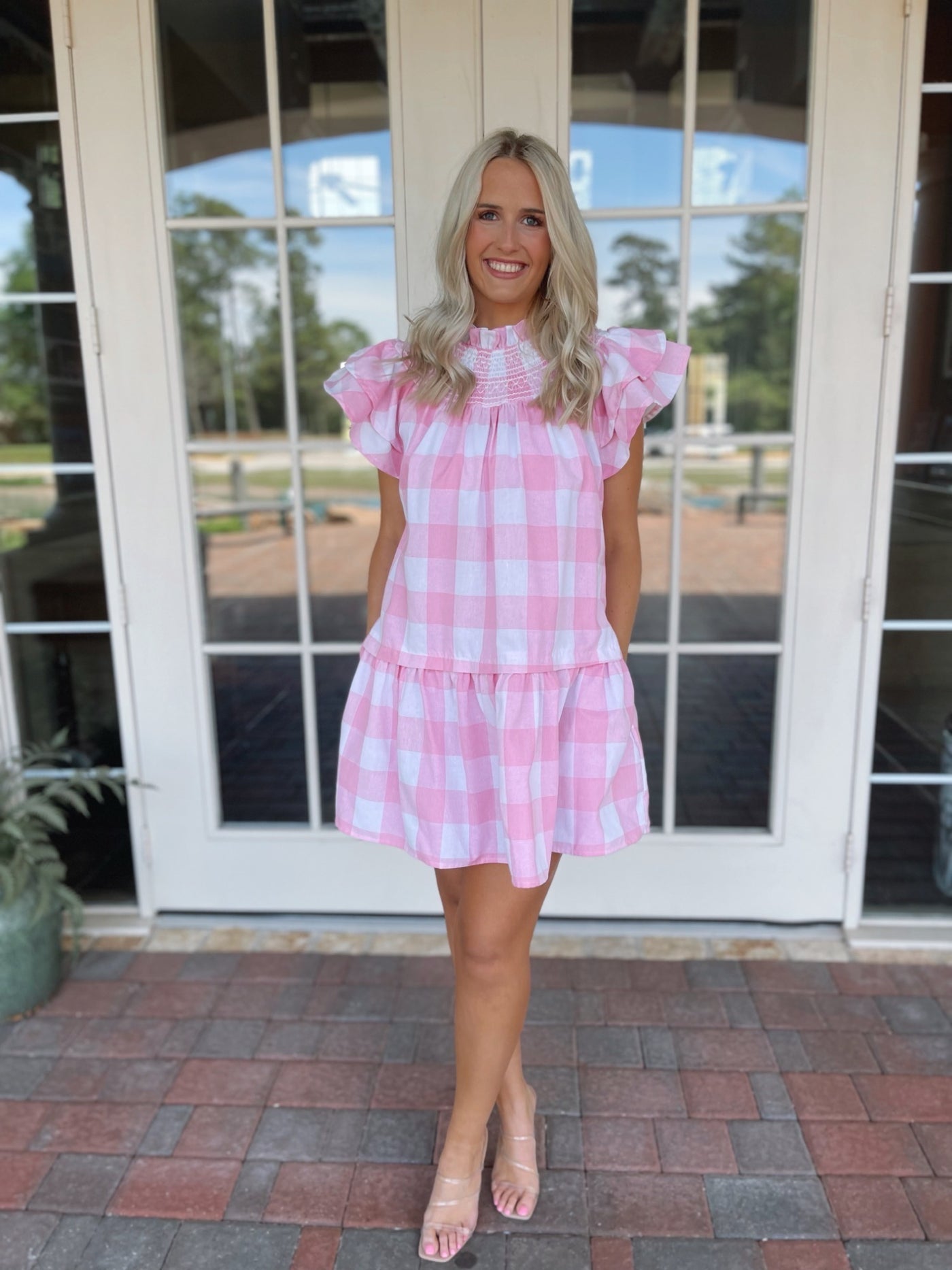 Gingham Ruffle Mini Dress - Pink