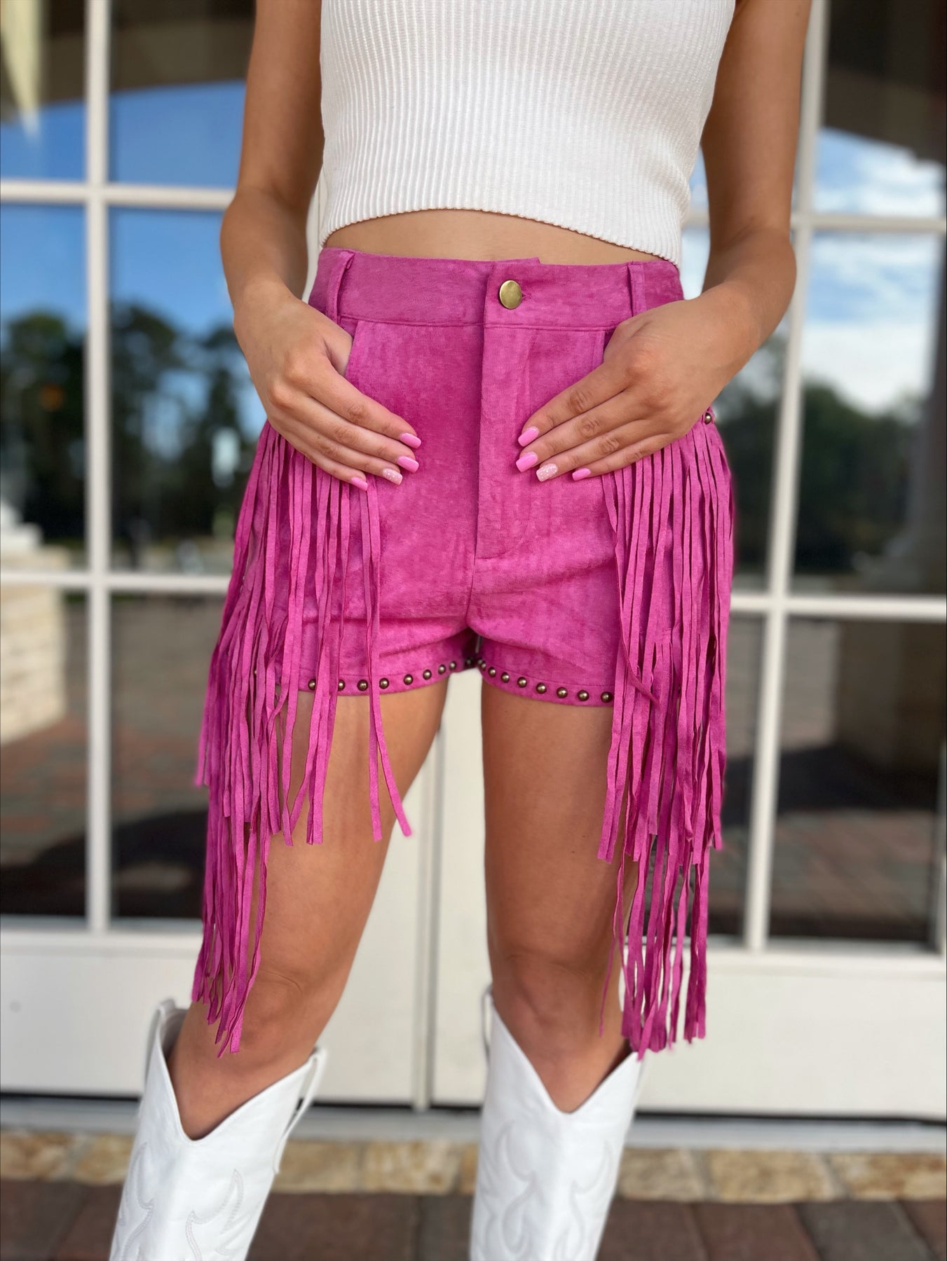 Pink Suede Studded Fringe Shorts